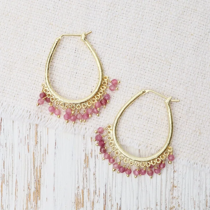 Pink Tourmaline Beaded Hoops