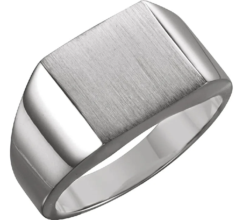 Men's Brushed Signet Semi-Polished 14k X1 White Gold Ring (16mm) Size 6