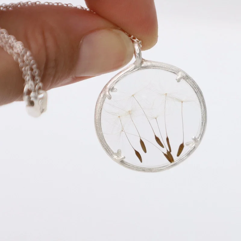 Dandelion Large Glass Botanical Necklace - Sterling Silver