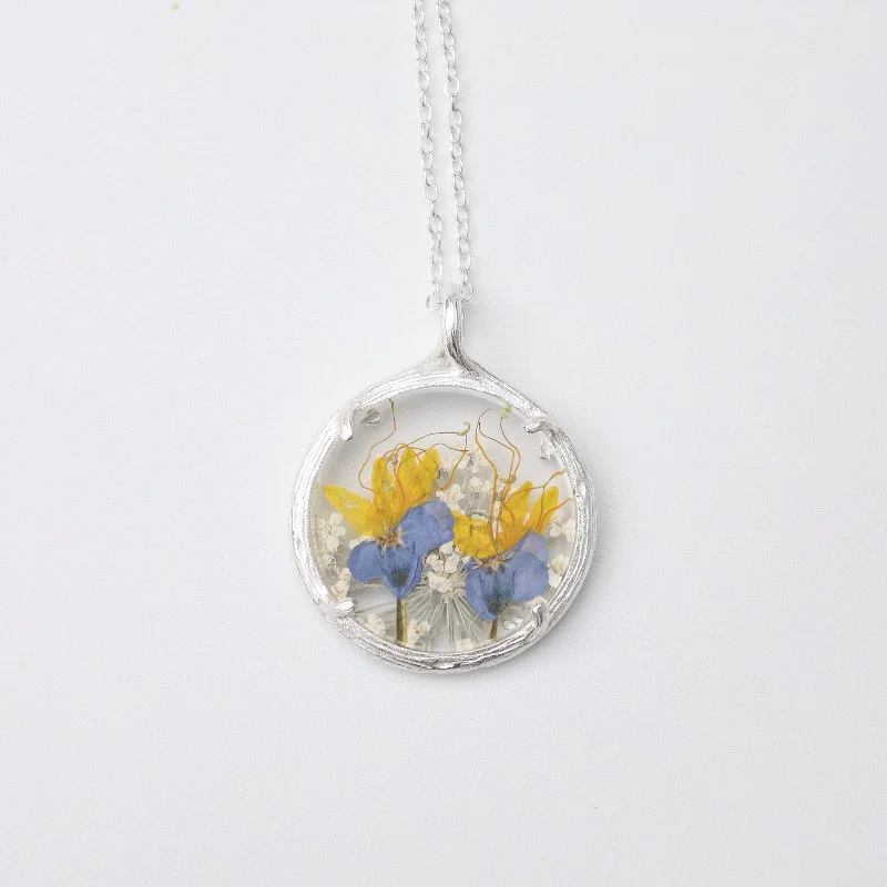 Yellow Purple Fields Small Glass Botanical Necklace - Recycled Sterling Silver