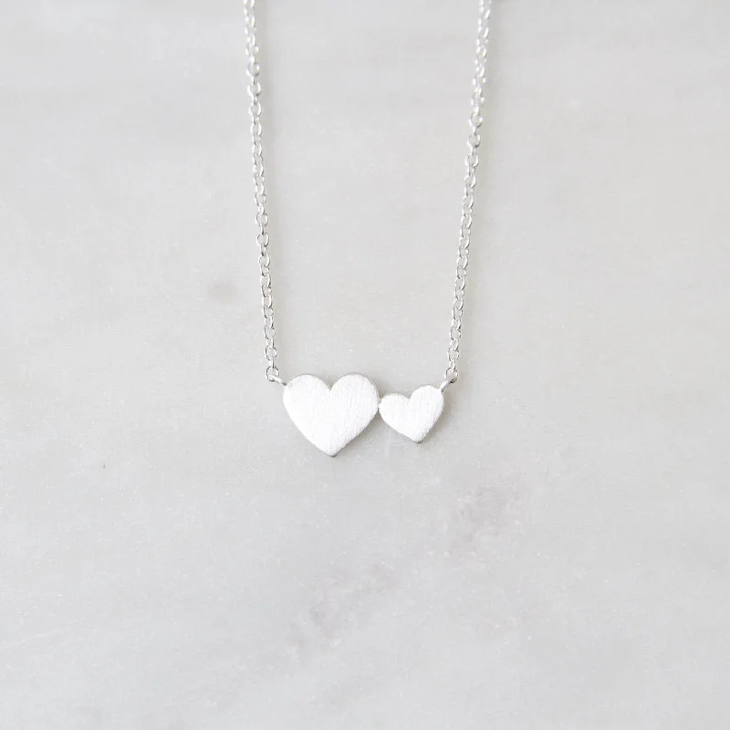 Brushed Sterling Silver Big & Little Hearts Necklace