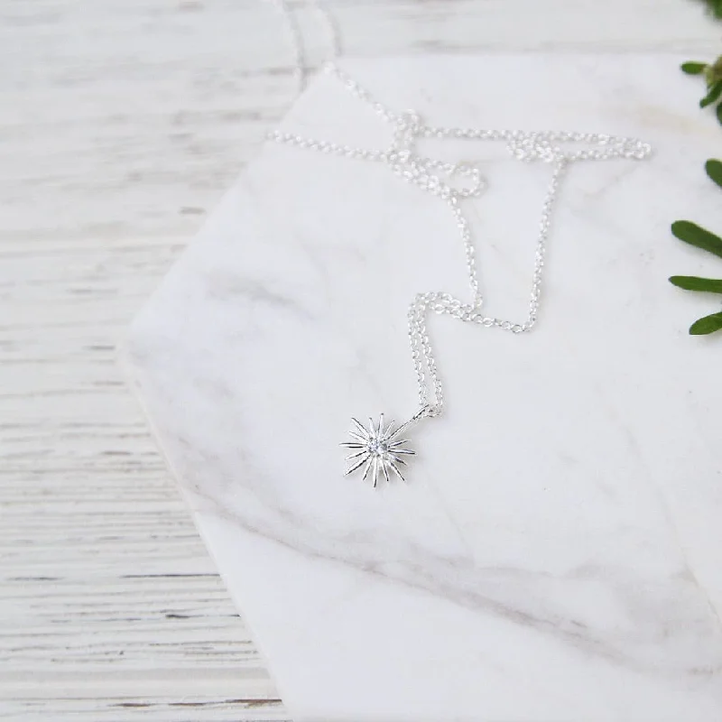 Sterling Silver Sunburst with Center CZ Necklace