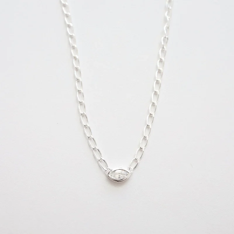 Bezel Set Marquise White Topaz on Sterling Silver Cut Curb Chain