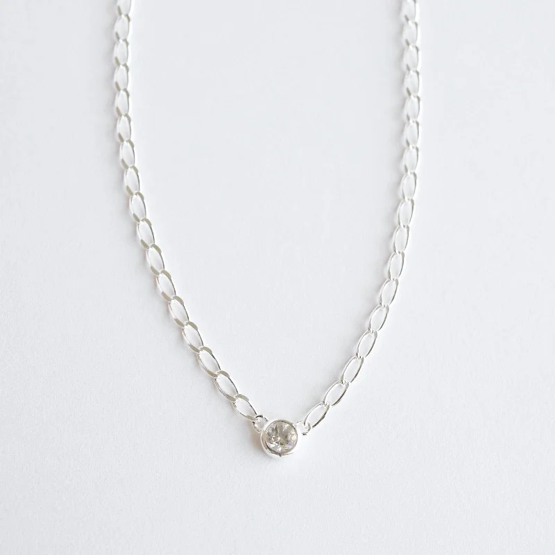 Bezel Set Round White Topaz on Sterling Silver Cut Curb Chain