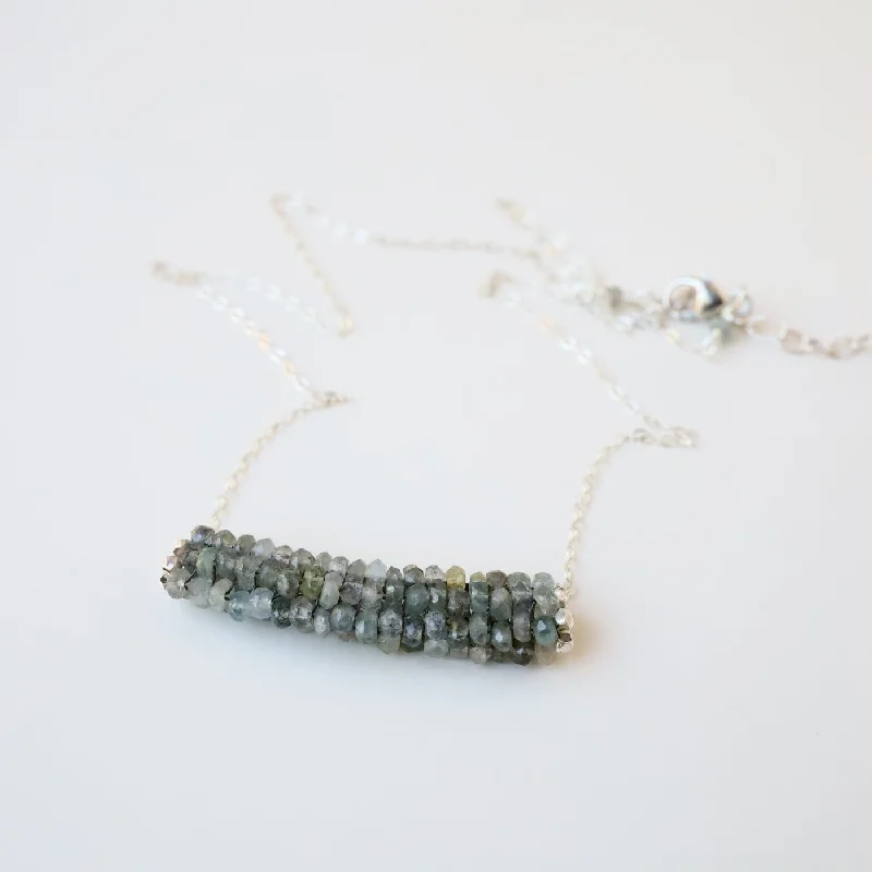 Hand Stitched Moss Aquamarine Necklace with Silver Trim