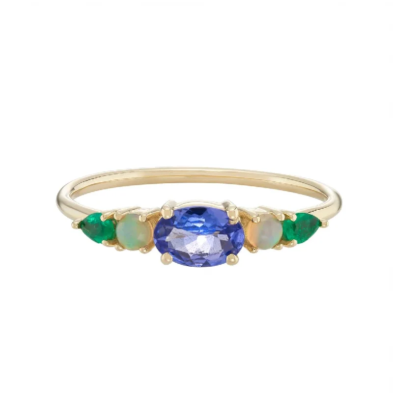 9k Yellow Gold Multi Gemstone Claw Set Ring - Tanzanite, Blue Opal & Emerald