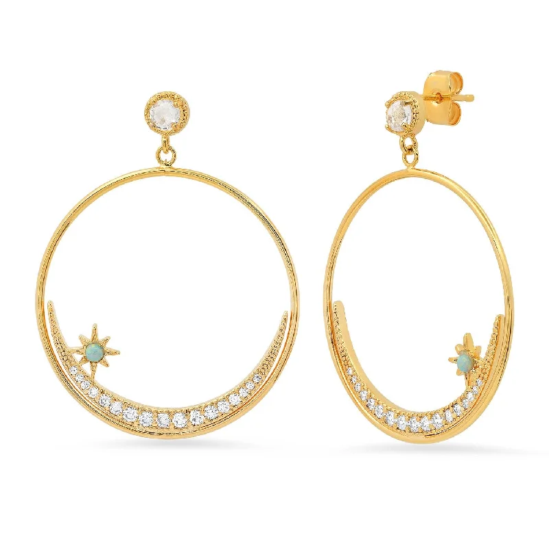 Gold Plated Crescent CZ Moon & Opal Star Front Hoops