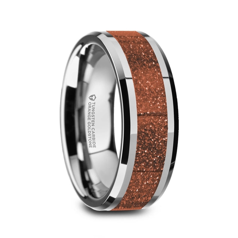 Tungsten Band with Orange Goldstone Inlay